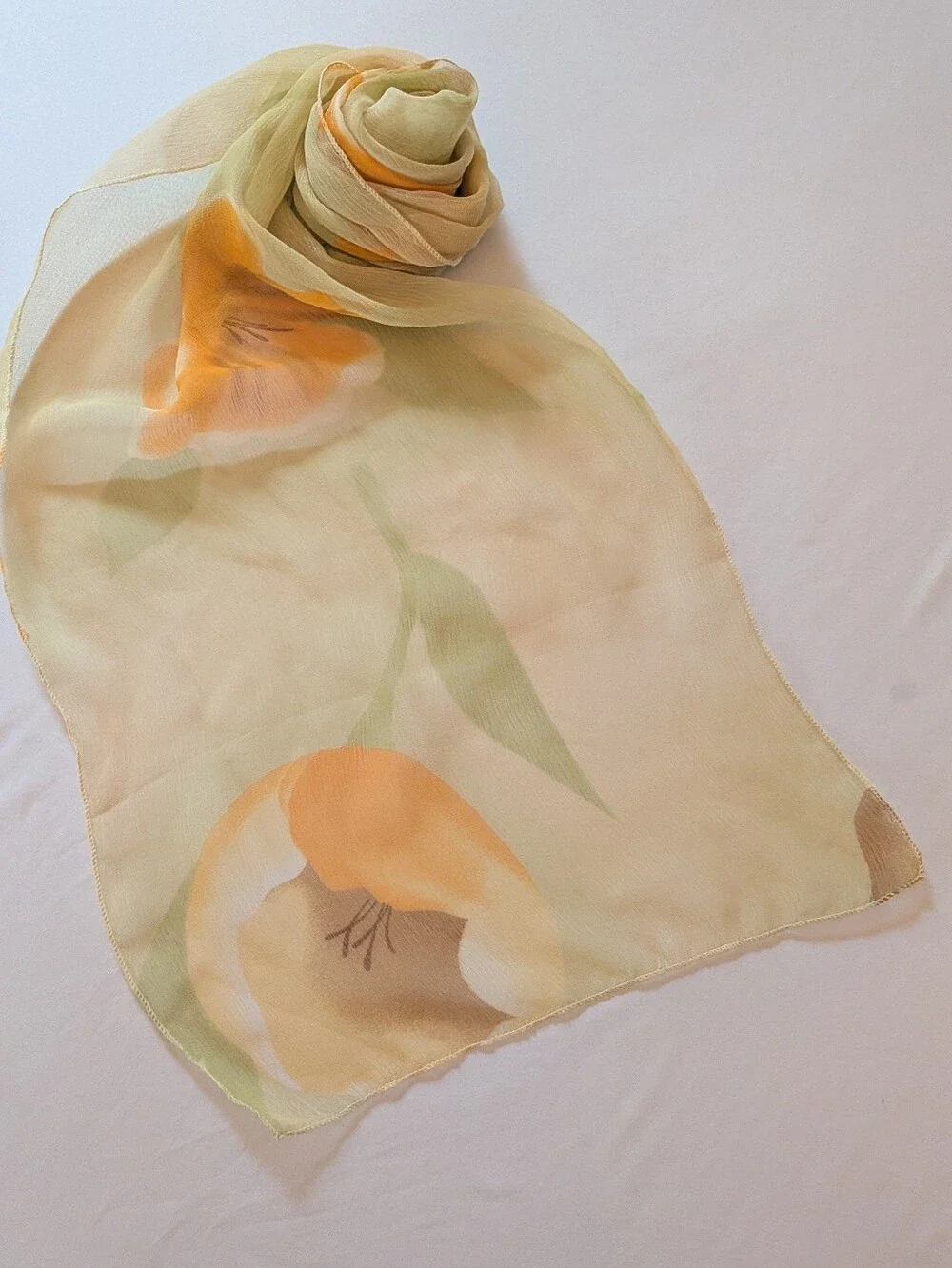 Lightweight Sheer Floral Scarf in Pale Yellow and Orange